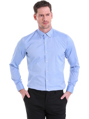 Saykı Mavi Düz Comfort Fit 100% Pamuk Düğme Yaka Uzun Kollu Oxford Gömlek