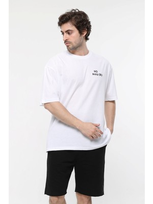 Defy's Erkek Kısa Kollu Baskılı Oversıze Kalıp Bisiklet Yaka Tişört Beyaz