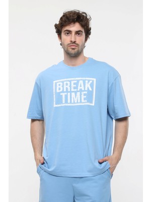 Defy's Erkek Baskılı Kısa Kollu Oversıze Kalıp Bisiklet Yaka Tişört Mavi