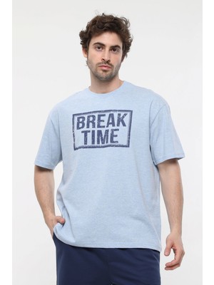 Defy's Erkek Baskılı Kısa Kollu Oversıze Kalıp Bisiklet Yaka Tişört Mavi Melanj