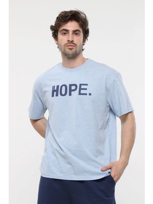 Defy's Erkek Kısa Kollu Baskılı Oversıze Kalıp Bisiklet Yaka Tişört Mavi Melanj