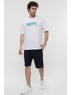 Defy's Erkek Kısa Kollu Baskılı Oversıze Kalıp Bisiklet Yaka Tişört Beyaz