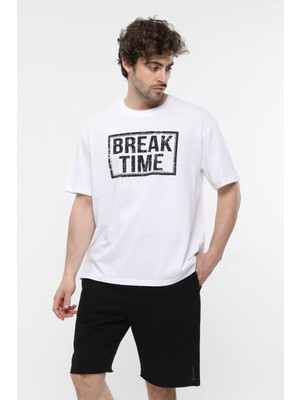 Defy's Erkek Baskılı Kısa Kollu Oversıze Kalıp Bisiklet Yaka Tişört Beyaz