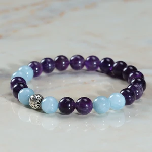 Sertifikalı Doğal Taş Kadın Erkek Bileklik Ametist ve Akuamarin ve 925 ayar Gümüş 8mm Bileklik