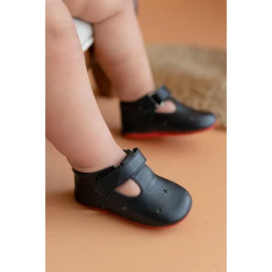 First Step Hakiki Deri Yıldız Desenli Cırt Cırtlı Siyah Ilk Adım Bebek AYAKKABISI-D-468