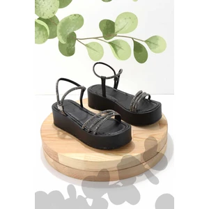 Siyah Platin Taşlı  Kadın Sandalet K05197222209