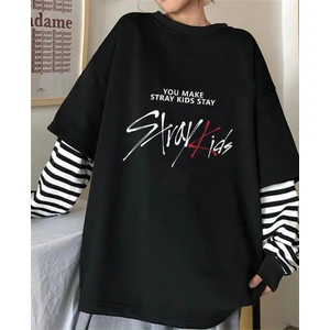 Touz Moda Stray Kids Baskılı Fake Sleeves Siyah T-Shirt
