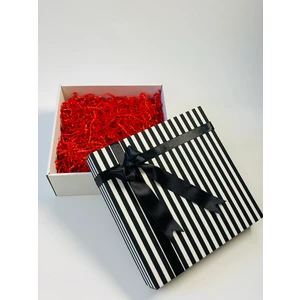 25X25X9CM, Siyah Fiyonklu, Siyah Beyaz Çizgili Renk, Kapaklı, Kırmızı Kırpıklı Boş Hediye Kutusu