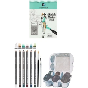 Alex Marker Eskiz Defteri 200GR A5 40YP Cretacolor 6'lı Aquarell Sulandırılabilir Fırçalı Eskiz Set