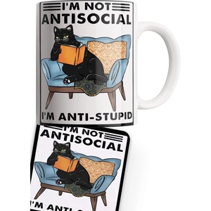 Kara Kedi Serisi Çift Baskılı Porselen + Ahşap Bardak Altlığı