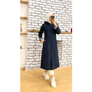 Marjinal City Lacivert Içi Çizgili ve Kendinden Astarlı Su Geçirmez Kadın Trençkot