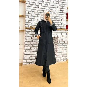 Marjinal City Siyah Içi Çizgili ve Kendinden Astarlı Su Geçirmez Kadın Trençkot