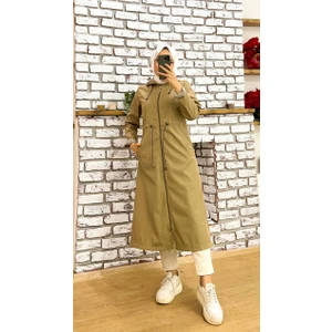 Marjinal City Bej  Içi Çizgili ve Kendinden Astarlı Su Geçirmez Kadın Trençkot