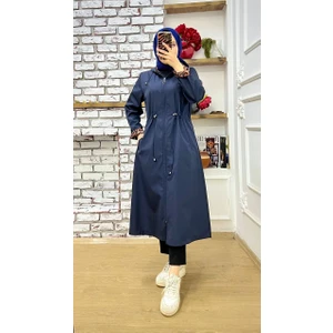 Marjinal City Lacivert Içi Leopar Desenli ve Kendinden Astarlı Su Geçirmez Kadın Trençkot