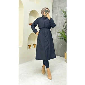 Marjinal City Lacivert  Içi Astarlı ve Düğme Detaylı Kadın Trençkot