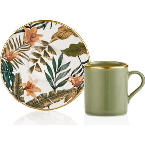 Oms Collection 11129 Nergis 12 Parça Porselen Altın File Fincan Takımı Çiçekli Zümrüt Yeşili