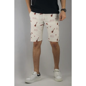 Erkek Pamuk Keten Gitar Baskı Bel Lastikli Bermuda Şort
