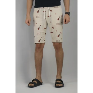 Erkek Pamuk Keten Gitar Baskı Bel Lastikli Bermuda Şort