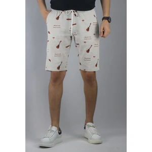Erkek Pamuk Keten Gitar Baskı Bel Lastikli Bermuda Şort