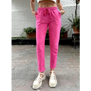 Kadın Beli Lastikli Paçası Püskül Detay Parça Boya Gabardin Pembe Pantolon