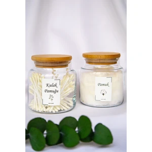 DNS Home 2'li Ahşap Kapaklı Kulak Pamuğu ve Pamuk Etiketli Organize Seti Saklama Kabı Cam Kavanoz Seti