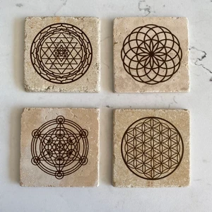 Unt Taş Bardak Altlığı Stone Coasters - 4 Lü Set Yaşam Çiçeği, Lotus, Sri Yantra, Metatron