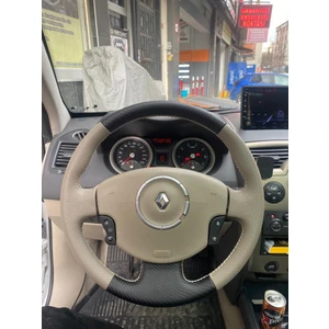 İskender Oto Aksesuar Renault Megane 2-Kangoo-Scenic 2 bej karbon desen bej dikiş direksiyon kılıfı