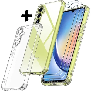 M.TK Moveteck Samsung Galaxy A34 Uyumlu Kılıf Köşe Korumalı Darbeye Dayanıklı Şeffaf Antishock Silikon + 9h Temperli Cam Set
