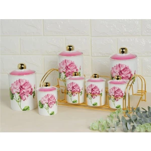 Sembol Smyrna Pembe Çiçek 8 Parça Gold Standlı Porselen Baharat Takımı Purebone-49