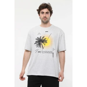 Erkek Kısa Kollu Baskılı Oversıze Kalıp Bisiklet Yaka Tişört Kar Melanj