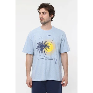 Erkek Kısa Kollu Baskılı Oversıze Kalıp Bisiklet Yaka Tişört Mavi Melanj