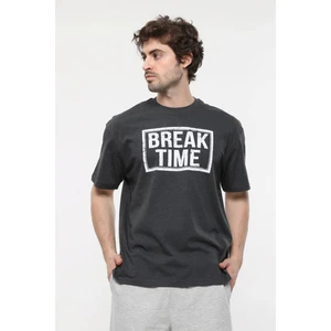 Erkek Baskılı Kısa Kollu Oversıze Kalıp Bisiklet Yaka Tişört Antrasit Melanj