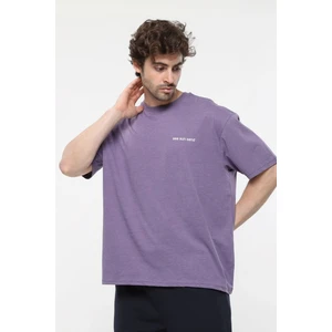 Erkek Kısa Kollu Baskılı Oversıze Kalıp Bisiklet Yaka Tişört Mor