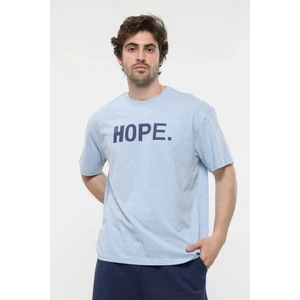 Erkek Kısa Kollu Baskılı Oversıze Kalıp Bisiklet Yaka Tişört Mavi Melanj