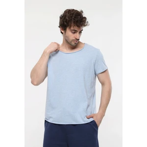 Erkek Kayık Yaka Kısa Kollu Regular Fit Basic Tişört Mavi Melanj