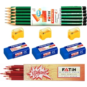 12 Li Mercanlı Kurşun Kalem Kırmızı Kopya Kalemi Silgi Kalem Açacağı Set