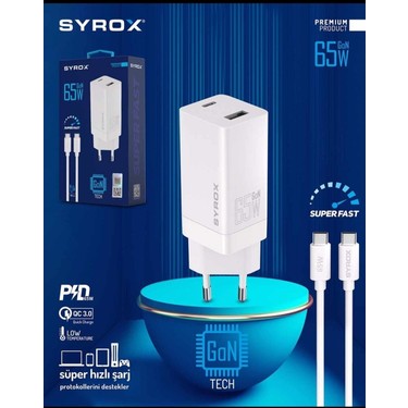 Syrox Gan Serisi Pd 65W Type-C ve Usb-A Çıkışlı- Type-C Fiyatı