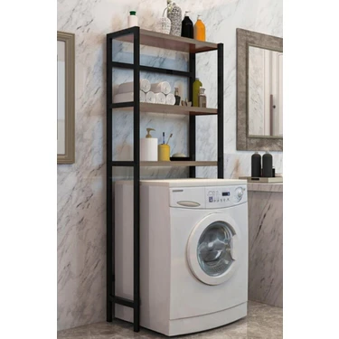 Elit Çamaşır Makinesi Üstü Düzenleyici Raf Ceviz Ahşap ve Metal Banyo Dolabı Modern