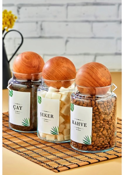 3'lü Ahşap Top Kapaklı 800 ml Çay & Şeker & Kahve Kavanozu Saklama Kabı