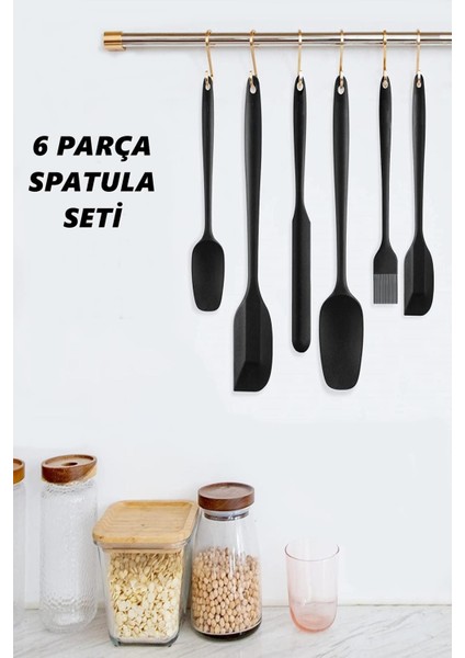 6 Parça Silikon Yanmaz Yapışmaz Mutfak Pasta Silikon Fırçası Kaşık Bıçak Siyah Spatula Seti