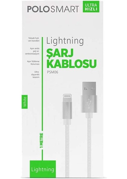 PSM06 1 Metre Beyaz Lightning Hızlı Şarj Kablosu,beyaz