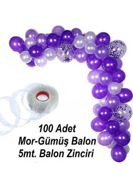 100 Adet Metalik Balon ve 5 Metre Balon Zinciri (Mor - Gümüş Karışık ) Uçan Balon