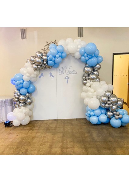 Krom Gümüş Makaron Mavi ve Beyaz Balon Zinciri 100 Adet
