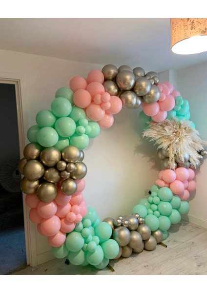Krom Beyaz Altın Makaron Mint Yeşili ve Makaron Pembe Balon Zinciri 100 Adet