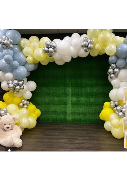 Krom Gümüş Pastel Sarı Beyaz Gri ve Makaron Sarı Balon Zinciri 100 Adet