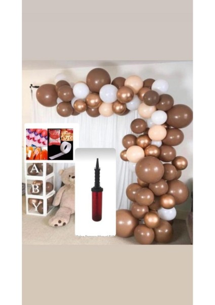 105 Adet Balon Krom Gold - Karamel Kahve-Pastel Beyaz Somon Balon -+Balon Pompası