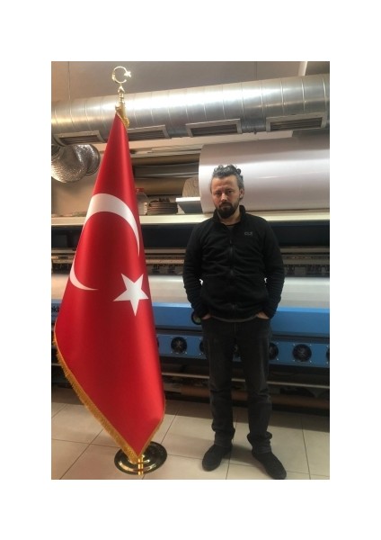 Makam Bayrağı, Türk Bayrağı, Sarı Direkli Set, Gold Varak Sarı Saçaklı Bayrak Takımı