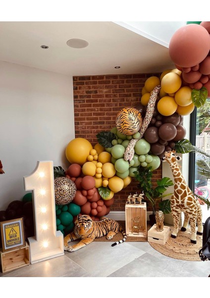 Safari Konsepti Koyu YeşilTuruncu Zerdeçal Okaliptus ve Kahverengi Balon Zinciri 100 Adet