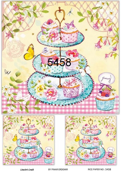 5458 Cupcake Stand Renkli Çiçekler Desen Pirinç Dekopaj 30X42