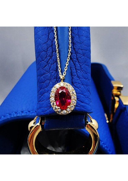 Altın Kolye - Lal Taşlı Vintage 14 Ayar Altın Kolye-Lal Taşlı Divarane Taşlı Hediye Şans Altın Kolye